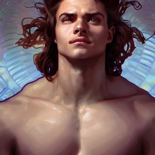 Image similar to character concept, portrait, symmetrical head - on centralized, laughing young man with strong body. detailed, high quality, dynamic lightning, fantasy, scenematic. artwork by artgerm, wlop, alex ross, greg rutknowski, alphonse mucha