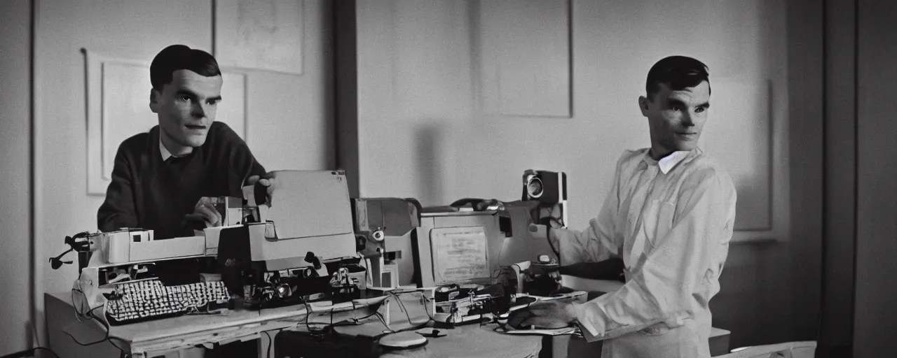 Image similar to alan turing proudly standing in front of his computer made out of spaghetti, canon 5 0 mm, cinematic lighting, photography, retro, film, kodachrome