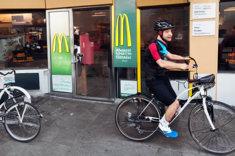 Prompt: cyclist in mcdonalds toilet eating donuts and drinking yerba mate