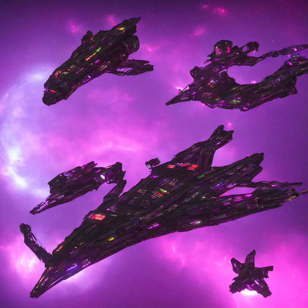 Prompt: pirate space ship, purple glow, dark background with red highlights, futuristic, unreal engine, 8 k ultrarealistic