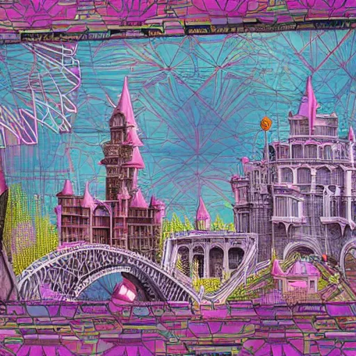 Prompt: a modern futuristic architecture castle along a river. hyperdetailed people walking on a bridge. mixed media collage, baroque embroidery rich maximalist fabric textures. childrenbook illustration in vibrant pastel tones. matte background. HD 8x