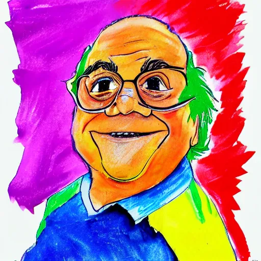 Prompt: a childrens drawing of danny devito, crayon art, watercolor, markers, high quality, high resolution