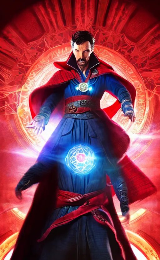 Image similar to epic doctor strange wallpaper, black and red suit, dynamic lighting, photorealistic fantasy concept art, trending on art station, stunning visuals, terrifying, creative, cinematic