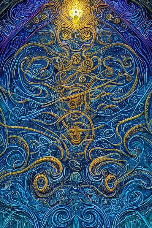Image similar to a intricate background design with deep and intricate rune carvings and twisting intricate golden linework lovecraftian by dan mumford, twirling smoke trails, a twisting vortex of dying galaxies, collapsing stars, digital art, photorealistic, vivid colors, highly detailed, intricate painted by peter max