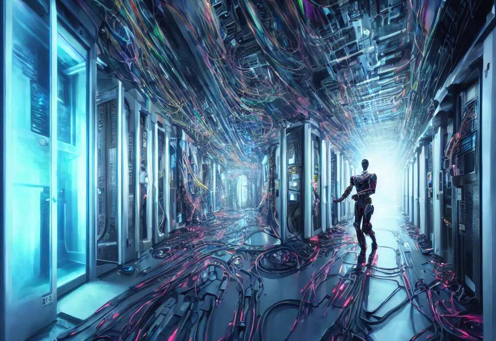 Image similar to art by finnian macmanus, shot of film cyborg walking in server room in data center, character design, vivid color, extreamly detailed, detailed, high quality, composision, trending on artstation, volumetric lighting, dramatic lighting