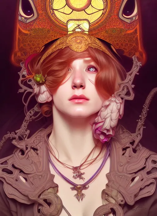 Image similar to overlord, psychedelic, portrait, highly detailed, deep focus, elegant, digital painting, smooth, sharp focus, illustration, ultra realistic, 8 k, art by artgerm and alphonse mucha