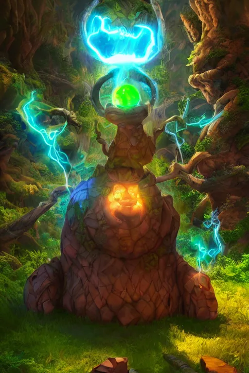 Image similar to arcane fantasy art giant golem elemental wood rock bastion forged gemstone enchanted forest troll, global illumination ray tracing hdr fanart arstation by sung choi and eric pfeiffer and gabriel garza and casper konefal lisa frank zbrush central hardmesh radiating a glowing aura