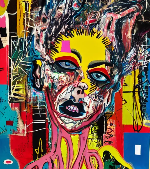 Prompt: acrylic painting of a bizarre psychedelic woman in japan surrounded by fury, mixed media collage by basquiat and jackson pollock, maximalist magazine collage art, retro psychedelic illustration