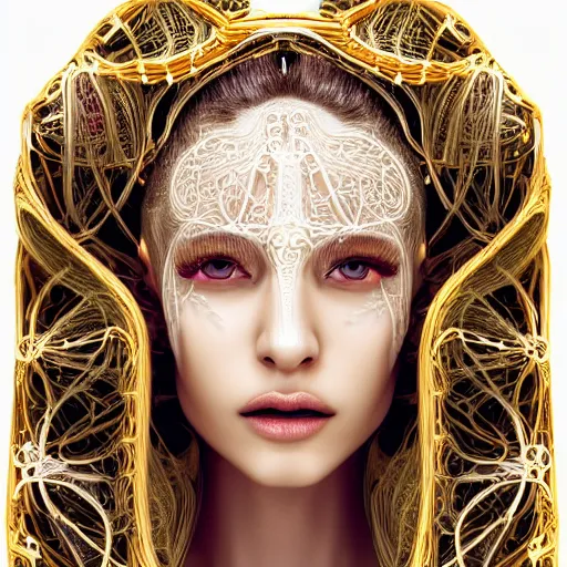 Prompt: very beautiful woman, full face frontal centered, portrait, detailed intricate symmetrical ornate neon cables connected to head, clear lips, luxurious long hair, translucent abundent wiring and implants, translucent, porcelain, fractal, sci - fi, golden, dramatic lighting, photography, highly detailed, trending on artstation, deviantart, 8 k, by chie yoshii