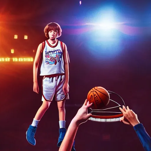 Image similar to Mike from stranger things playing basketball and making a shot in an nba stadium , close up shot, wide angle, lens flares