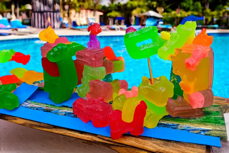 Image similar to poolside Tiki bar made of gummy candy, vacation photo, 55mm