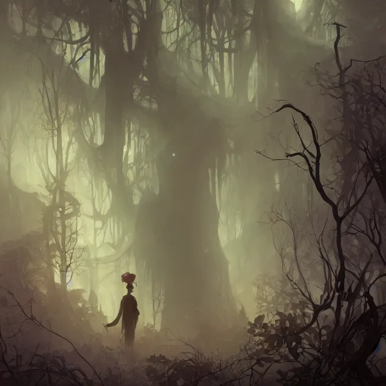 Image similar to a lone figure standing in front of a haunted victorian house in a dense dark forest, concept art, by Peter Mohrbacher and Alphonse Mucha, detailed, style, 8k, trending on artstation, unreal engine 4k, detailed, clean background trending, full shot, symmetrical portrait, sophisticated, Unreal engine, dystopia, anti-utopia, post processing, psychadelic