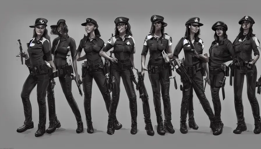 Image similar to police women with prisoners, masterpiece, pinup, highly detailed, digital painting, artstation, concept art, smooth, sharp focus, illustration, Unreal Engine 5, 8K