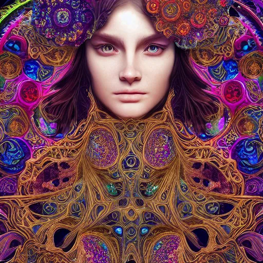 Image similar to wonderful princess of fractals and patterns, beautiful face, hyper detailed, background intricate and detailed, ornate 8 k gorgeous intricate detailed, octane render, psychedelic