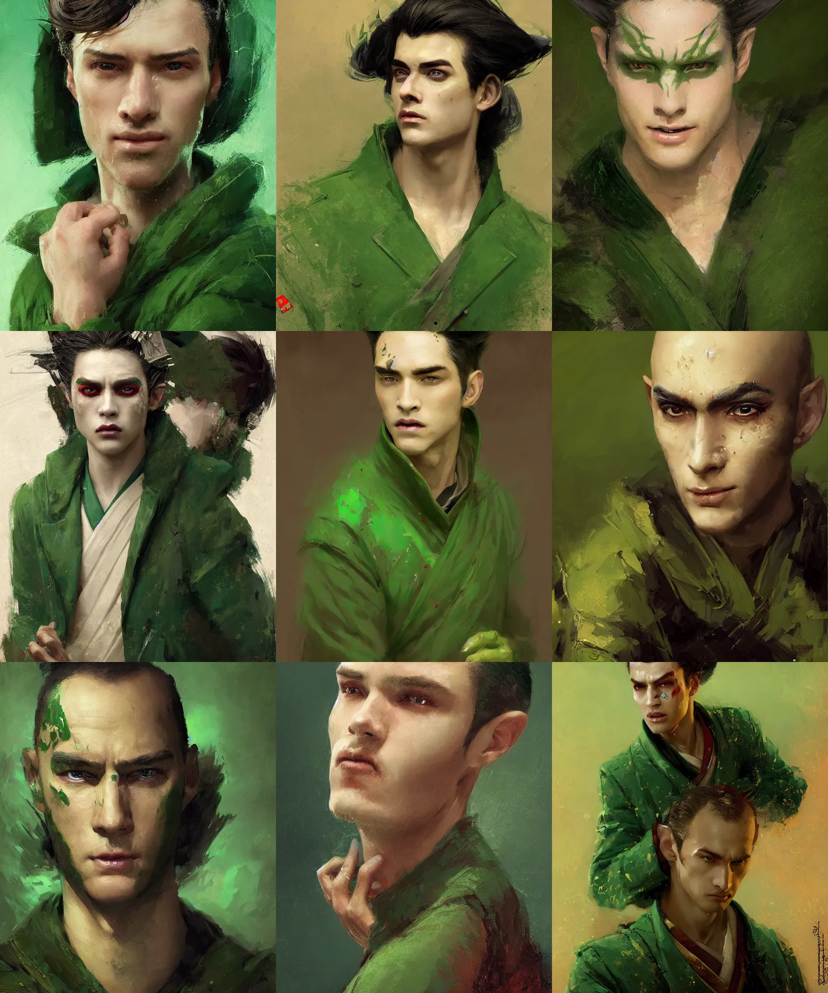 Prompt: digital art painting of young handsome guy dnd portrait, almost bald hair, geisha make up, wearing a green jacket painted by craig mullins and gaston bussiere and greg rutkowski, symmetrical face, defined facial features, symmetrical facial features, dramatic lighting, ambient lighting, close up