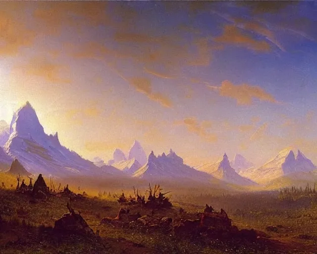 Image similar to Hyperborea landscape painting by Vsevolod Ivanov and Albert Bierstadt!!!