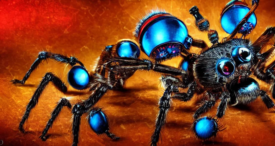 Image similar to a steampunk mechanical colourful jumping spider playing drums, highly detailed illustration highlights, red and gold highlights, neon blue highlights, macro photography, F/2.8, trending on artstation, octane render