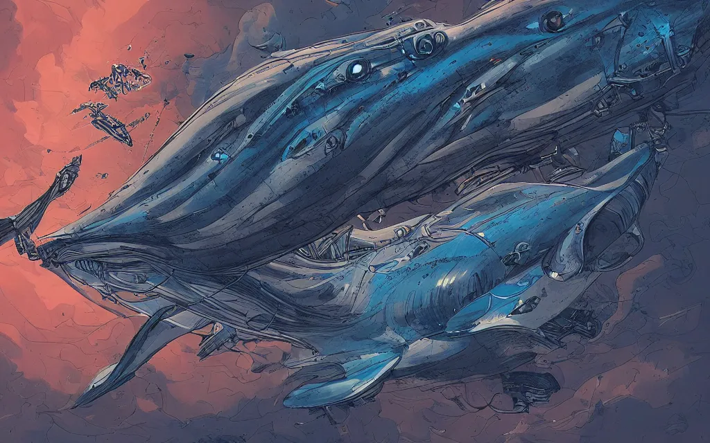 Image similar to biomechanical flying whale, in the style of james jean and laurie greasley, dynamic composition, dramatic lighting, hyperrealistic, ultra detailed, nitro colors