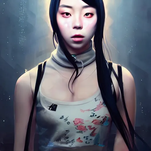 Image similar to a beautiful young korean kpop star billie eilish lucy liu alluring instagram model in elaborate latex tank top, jrpg tank top made from latex demon faces, by guweiz and wlop and ilya kuvshinov and artgerm and, aesthetic, gorgeous, stunning, alluring, attractive, artstation, deviantart, pinterest, digital art