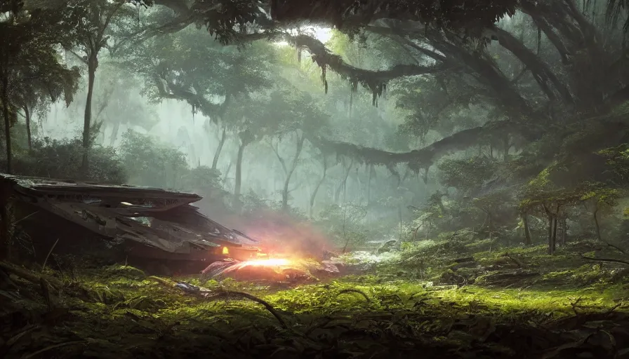 Prompt: a beautiful painting of a crashed star destroyer ione drive in a lush jungle, ray traced lighting by kalin popov and greg rutkowski