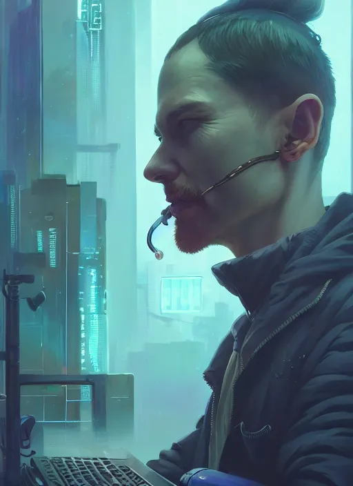 Image similar to highly detailed surreal vfx portrait of a cyberpunk gloomy hacker, stephen bliss, unreal engine, greg rutkowski, loish, rhads, beeple, makoto shinkai and lois van baarle, ilya kuvshinov, rossdraws, tom bagshaw, alphonse mucha, global illumination, detailed and intricate environment