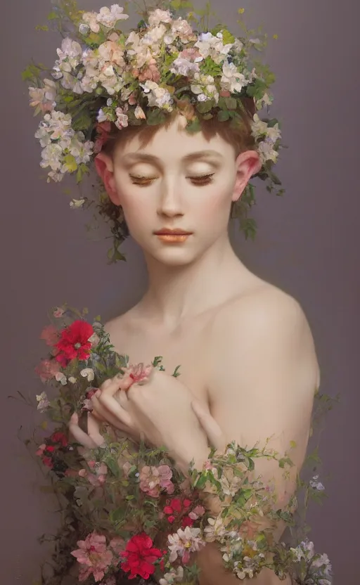 Image similar to a oil painting of a beautiful woman on a white background, flowers, painted by mucha, floral headdress, 8 k resolution, octane render, trending on artstation, volumetric light