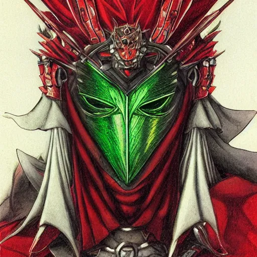 Prompt: portrait of man, emerald ritual mask, red mantle, oil texture, dark, majestic, powerful, dark fantasy manga artstyle, by yuusuke murata and kentarou miura