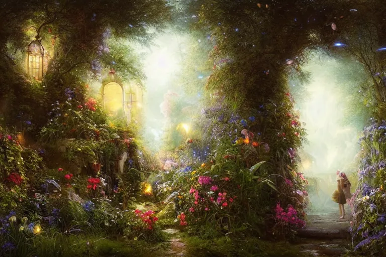 Image similar to gateway to fairyland, fireflies, mushrooms, multicoloured flowers, the secret garden. the hidden garden. private garden. andreas achenbach, artgerm, mikko lagerstedt, zack snyder, tokujin yoshioka