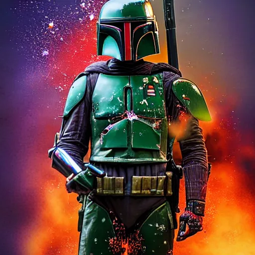 Image similar to Digital Art On Boba Fett, 8k, exquisite detail, by Christian Alzmann, Christian Alzmann art, Explosions, Colorful