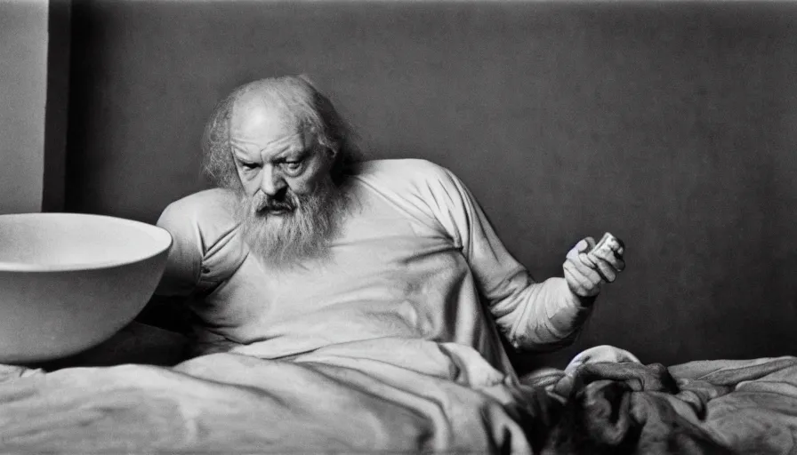 Prompt: 1 9 6 0 s movie still by tarkovsky of an elder socrates drinking a hemlock bowl on a bed, cinestill 8 0 0 t 3 5 mm b & w, high quality, heavy grain, high detail, panoramic, ultra wide lens, cinematic composition, dramatic light, anamorphic, raphael style, piranesi style