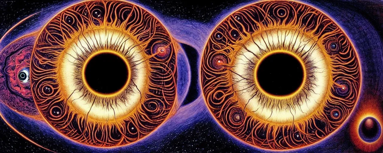 Image similar to a giant eyeball sings a unique canto about'as above so below'to the a cosmic cochlea, while being ignited by the spirit of haeckel and robert fludd, breakthrough is iminent, glory be to the magic within, in honor of saturn, painted by alex grey