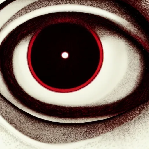 Image similar to a detailed extremely close up of inside the iris, cornea, red image, microscopic, extremely close up drawing by junji ito, cgsociety, generative art, lovecraftian, parallax, cosmic horror, extremely detailed, hyperrealism, unreal engine, octane render, award winning, masterpiece, highly detailed, realistic, 4 k, digital