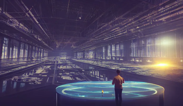 Image similar to sparse crowd of people in walled warehouse, looking at hologram of futuristic city on a table, cinematic concept art, godrays, golden hour, natural sunlight, 4 k, clear details, tabletop model buildings, center model buildings, hologram center, crane shot, crane shot, crane shot