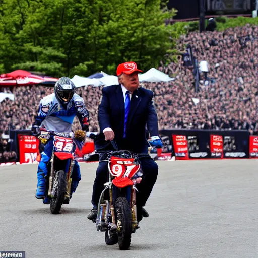 Prompt: trump riding motocross bike without wearing a helmet in new york doing a wheelie