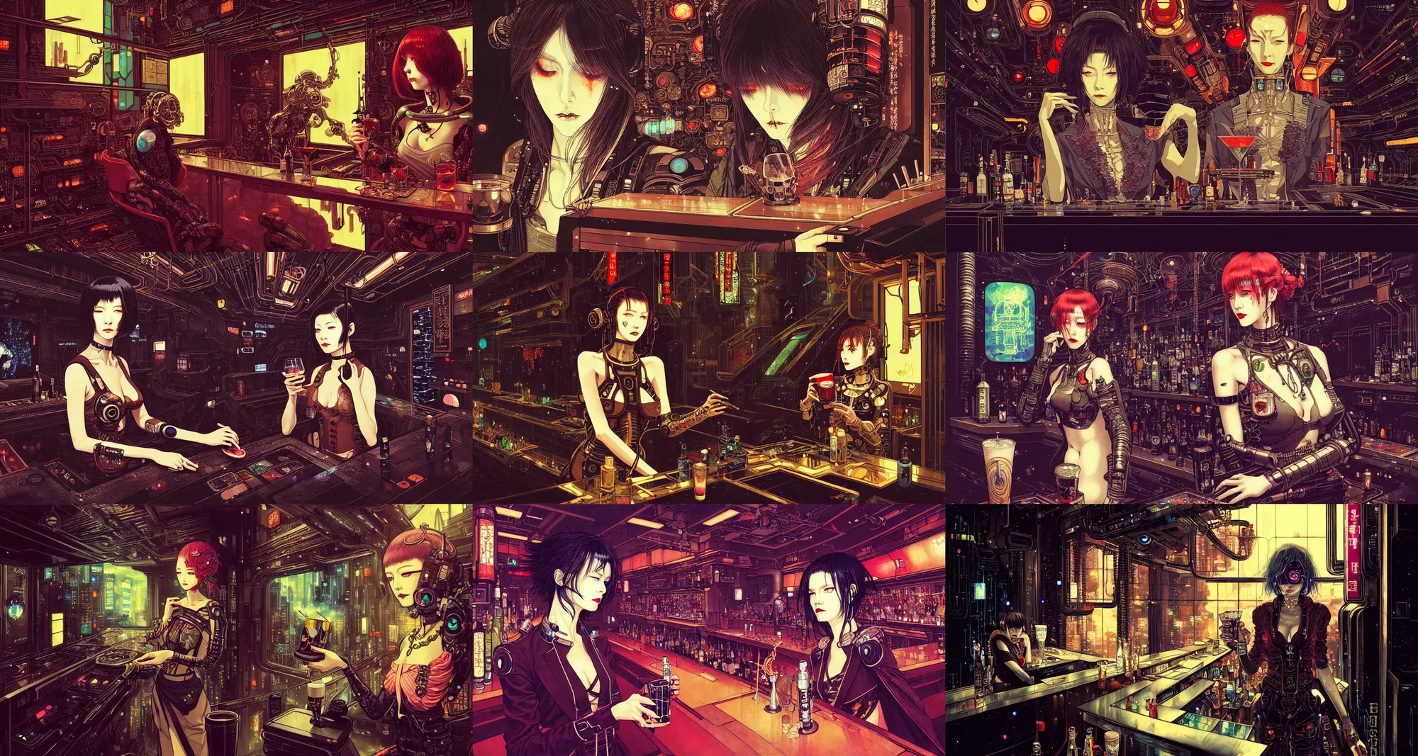 Prompt: a beautiful painting of cyberpunk cyborg space bartender, serving a cocktail in a multidimensional cozy space bar, portrait, intricate complexity, concept art, by takato yamamoto, wlop. cinematic dramatic atmosphere, sharp focus