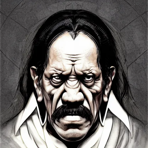 Image similar to Danny Trejo as church nun, dark fantasy, highly detailed, artstation, manga illustration by Kentaro Miura berserk