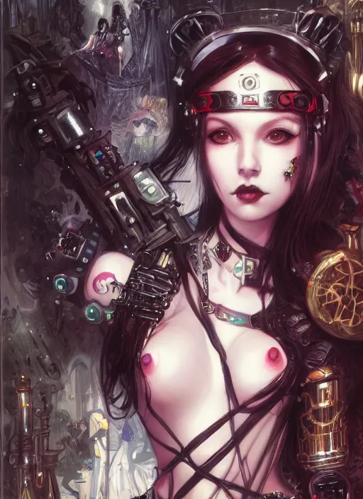 Image similar to portrait of cute beautiful young goth maiden in bikini armor, cyberpunk, Warhammer 40000, gothic, highly detailed, artstation, illustration, art by Gustav Klimt and Range Murata