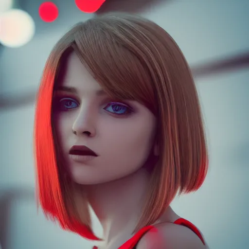 Image similar to fantsy haircut, detailed, photograph, award wining, red and white, trending on artstation, 4 k, neon highlights