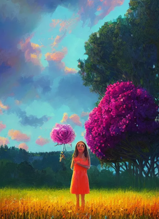 Image similar to girl with giant flower as a face and flower dress, standing in a flower field hills, big trees, sunrise dramatic light, impressionist painting, colorful clouds, digital painting, pointillism, artstation, simon stalenhag