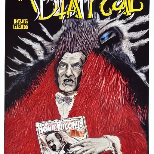 Prompt: vincent price as billionaire howard hughes in long black feathered cloak, black hands tipped with black claws, feathers growing out of skin, at opulent desk, comic book cover, vivid, mike mignogna, illustration, highly detailed, rough paper, dark, oil painting