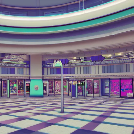 Prompt: vaporwave 9 0 s dreamy empty shopping mall, highly detailed, 3 d render, vray, octane, realistic lighting, photorealistic