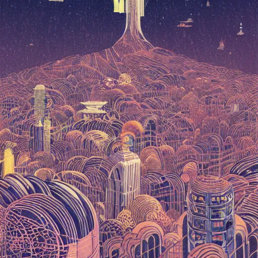 Prompt: a city in the sky, by victo ngai