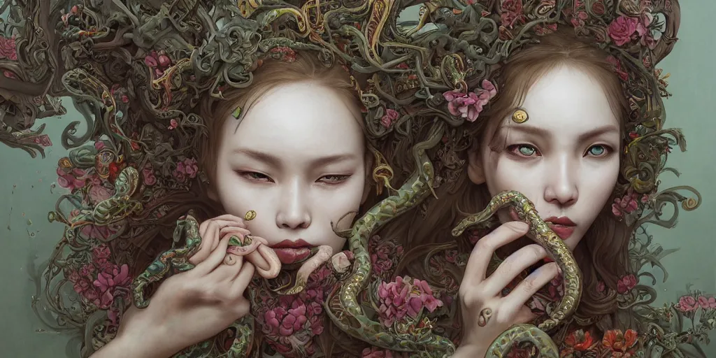 Image similar to breathtaking detailed concept art painting of a woman with snakes crawling in her mouth and eyes flowers, saint, with anxious, piercing eyes, ornate background, amalgamation of leaves and flowers, by Hsiao-Ron Cheng, James jean, Miho Hirano, takato yamamoto, extremely moody lighting, 8K