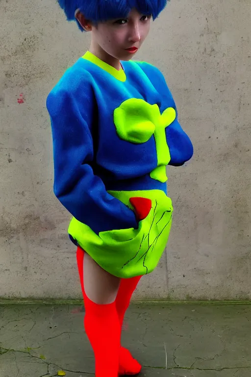 Prompt: a child character wearing a diy! costume, with fluo colored details, muted colors, vivienne westwood, nausicaa, hyper real painting