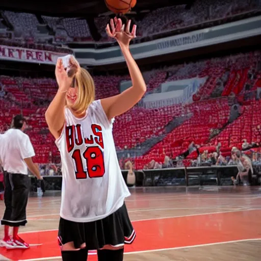 Prompt: woman on a basketball court in a chicago bulls jersey