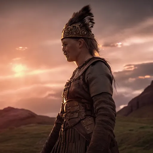 Image similar to an old norse queen going to war with her army, golden hour, 8 k uhd, awe - inspiring.