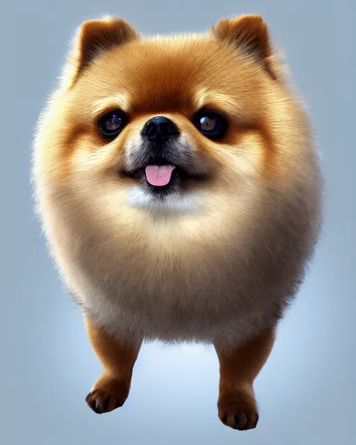 Image similar to gold, blue, head to shoulders illustration of a fat angry pomeranian, 3 d, 8 k, extremely detailed, artstation