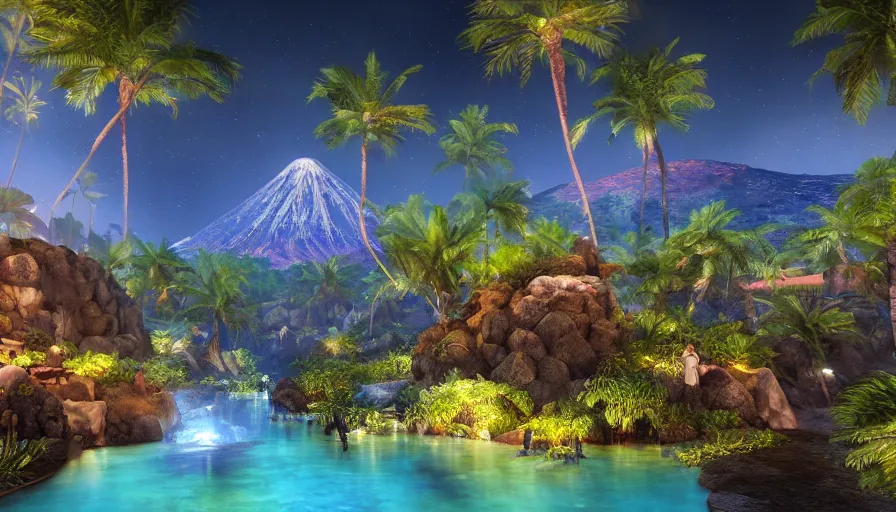 Image similar to volcano at night, moonlight, soothing lush landscape, detailed aqua lagoon, surrounded by crystal palm trees, unreal engine, realistic shading, realistic render, octane render, detailed textures, photorealistic, wide shot