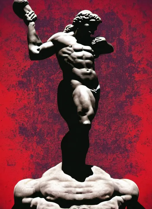 Image similar to design poster showing a statue of hercules, black background with very subtle red and purple design elements, powerful, nekro, vito acconci, thin straight lines, dark, glitch art, neo vaporwave, gritty, layout frame, square, trending on artstation