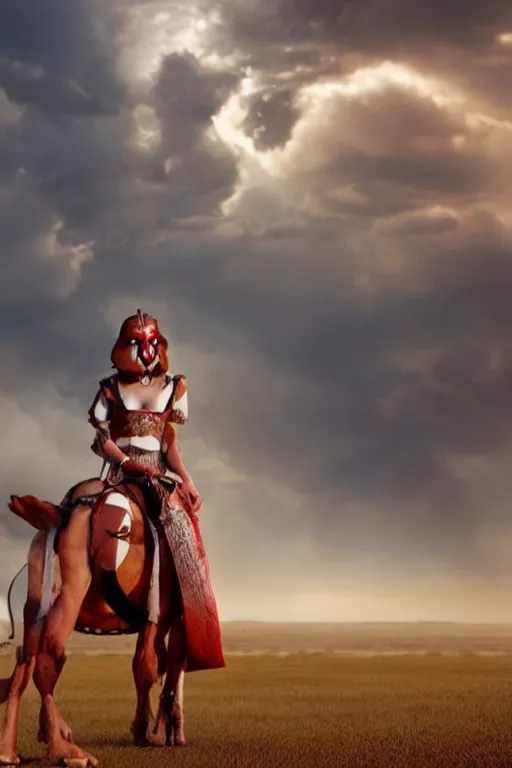 Image similar to film still of jar jar binks as a female cowgirl, long eyeslashes, big juicy lips, big seductive eyes, dramatic cinematic lighting, dolce & gabbana campaign, shot by mario testino, realistic vfx simulation, wavy red hair blowing in the wind 4 k